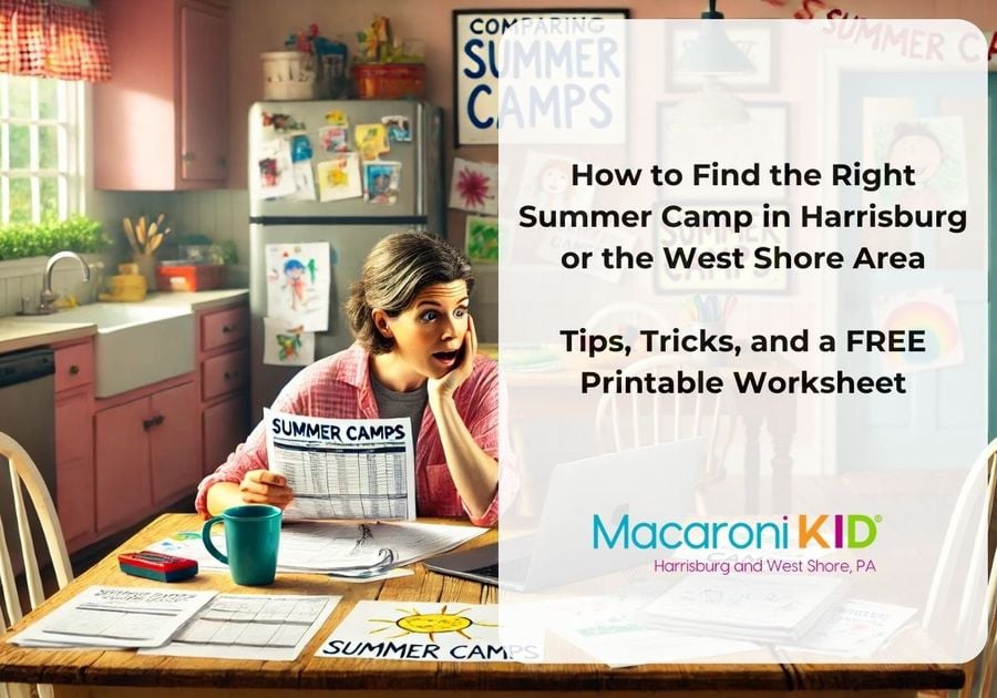 A mom sits at a kitchen table with her laptop comparing summer camps with a stack of brochures & colorful checklist reflecting the summer planning process in Harrisburg, Mechanicsburg, & Camp Hill