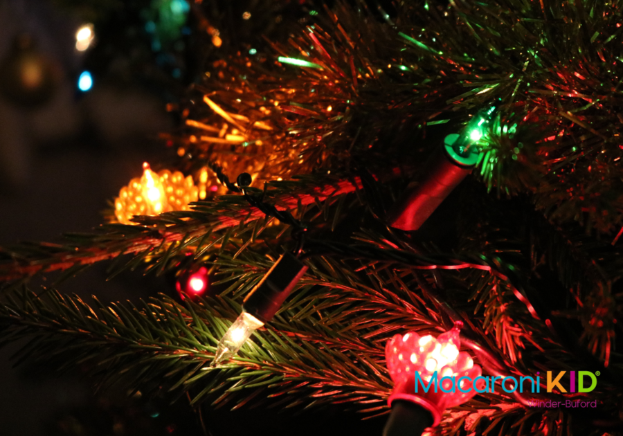 Christmas lights close up of red, yellow, and green on tree