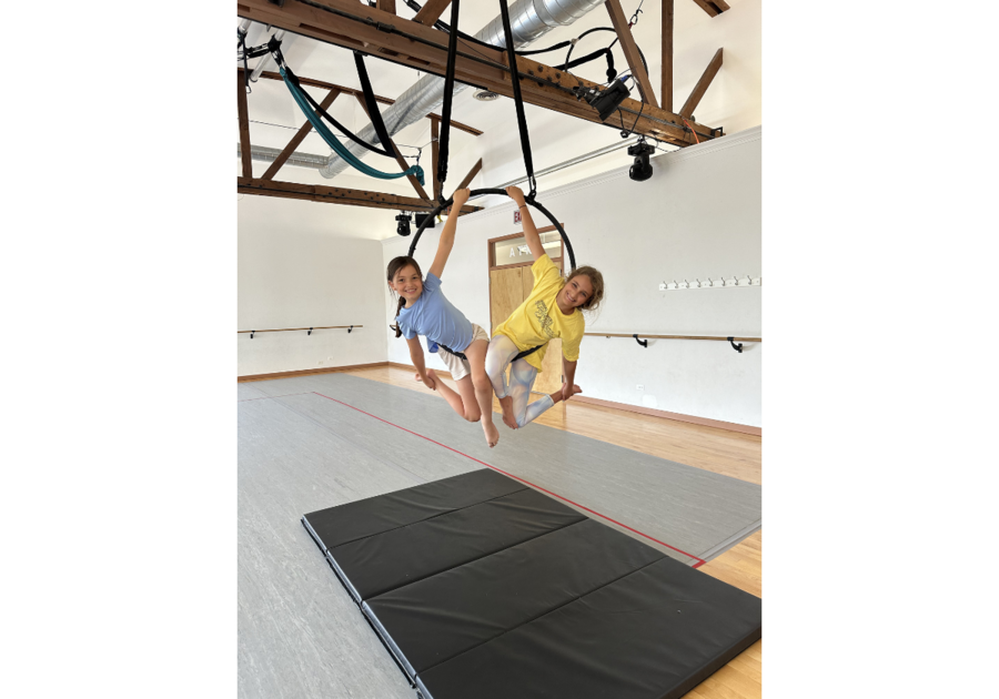 two kids hanging on aerial ring