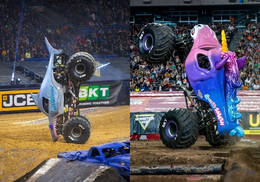 Collage of monster trucks Sparkle Smash and Megalodon performing tricks