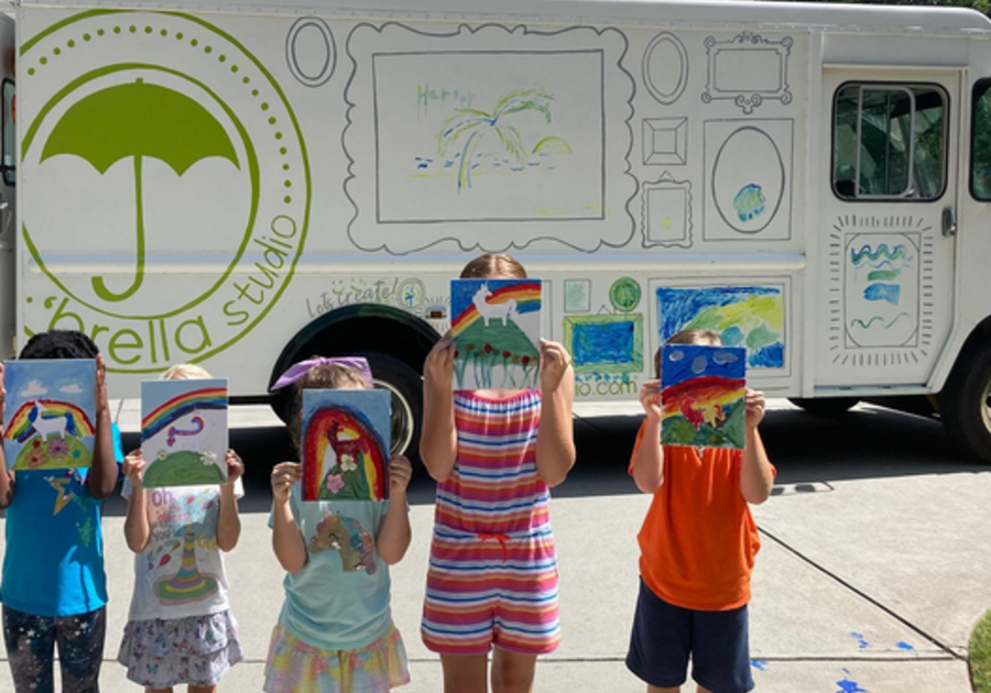 Children standing with art paintings covering their faces