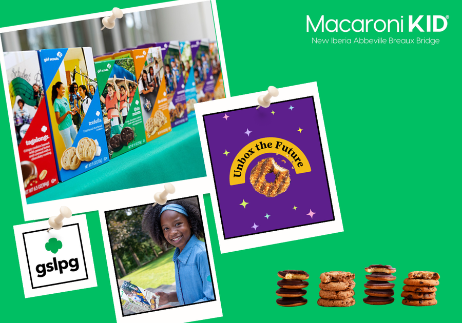 green background with images of girls scouts and girls scout cookies