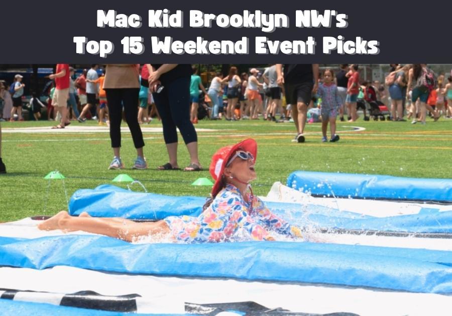 Girl with red hat and sunglasses slides on slip and slide in Asphalt Green in the Upper East Side of Manhattan