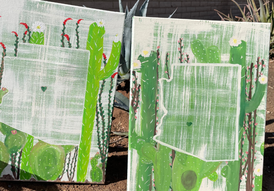 two paintings with cactus and the outline of the state of Arizona