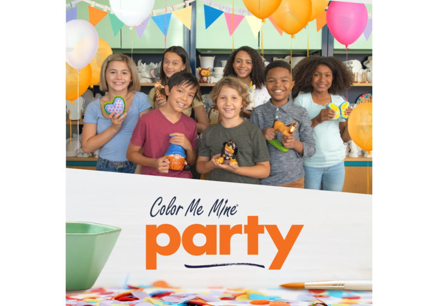 Color Me Mine - Party - photo of seven kids smiling with their painted pottery pieces; balloons overhead.