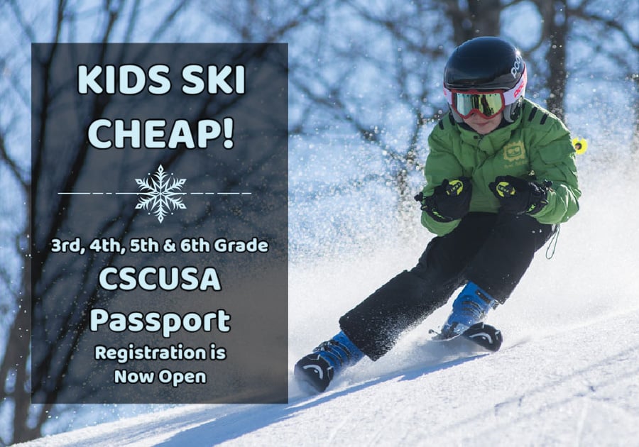 child skiing with text that says Kids Ski Cheap