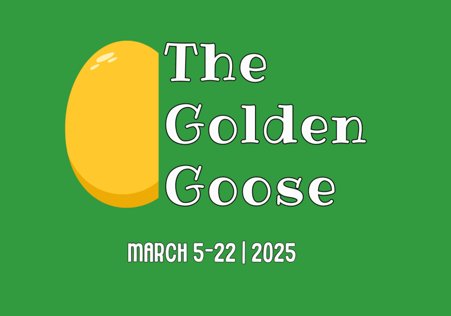 Green promotional graphic for The Golden Goose at Gamut Theatre, running from March 5-22, 2025, with a golden egg illustration.