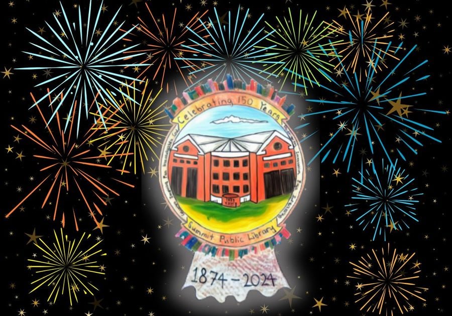 Summit Public Library - NJ - Celebrating 150 Years - 1874 – 2024 - the round logo is a hand drawn image of the library for their anniversary - colorful fireworks around logo against a black backround