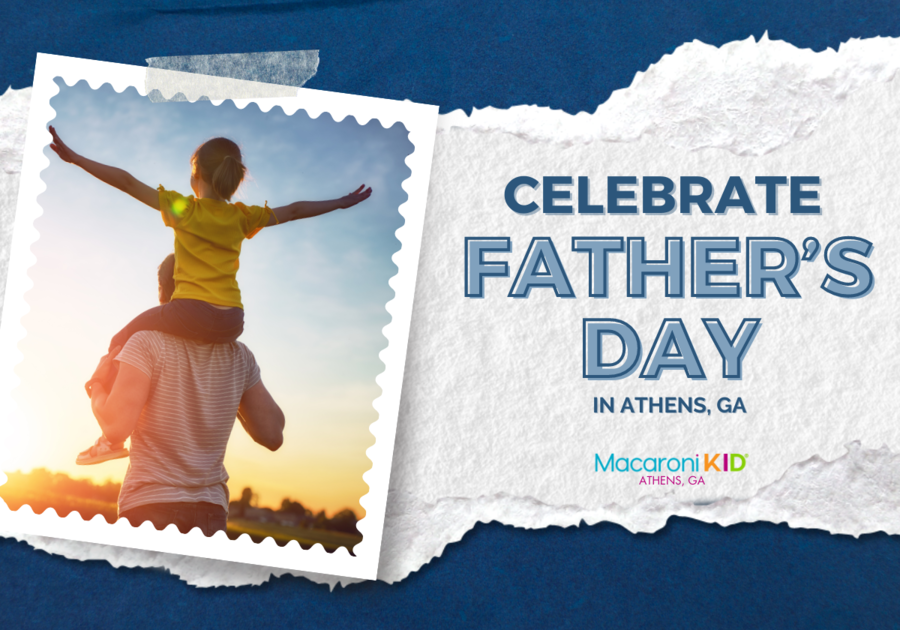 Photo of father and child outside on top of torn paper and blue background