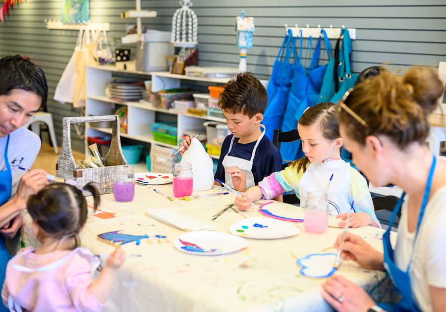 family painting together at Createry Workshop Highlands Ranch