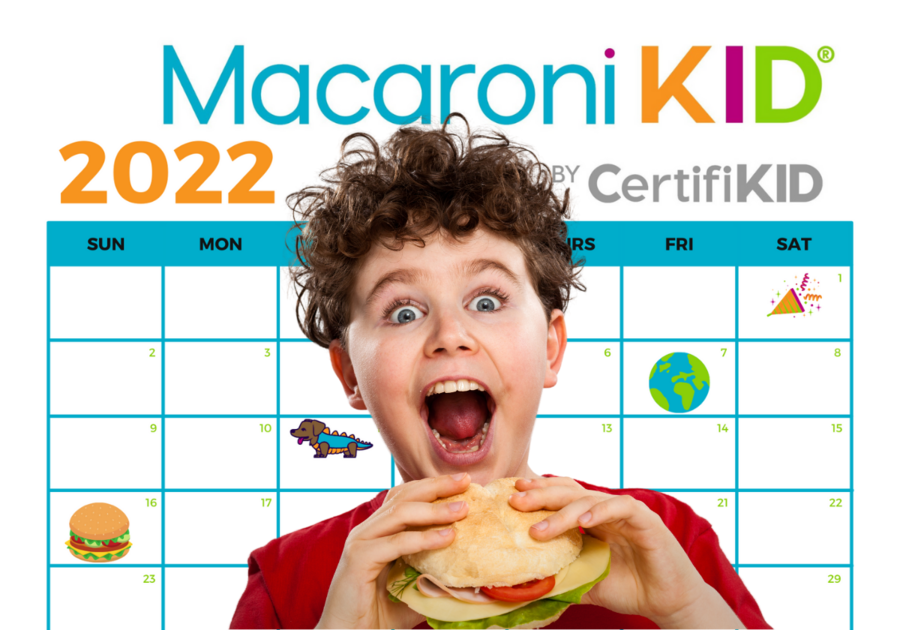Kid eating sandwich in front of Macaroni KID printable calendar