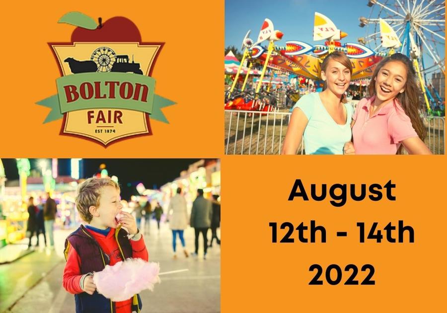 Includes the Bolton Fair logo, the teens excited about carnival rides, a young child eating cotton candy and text that reads August 12-14, 2022