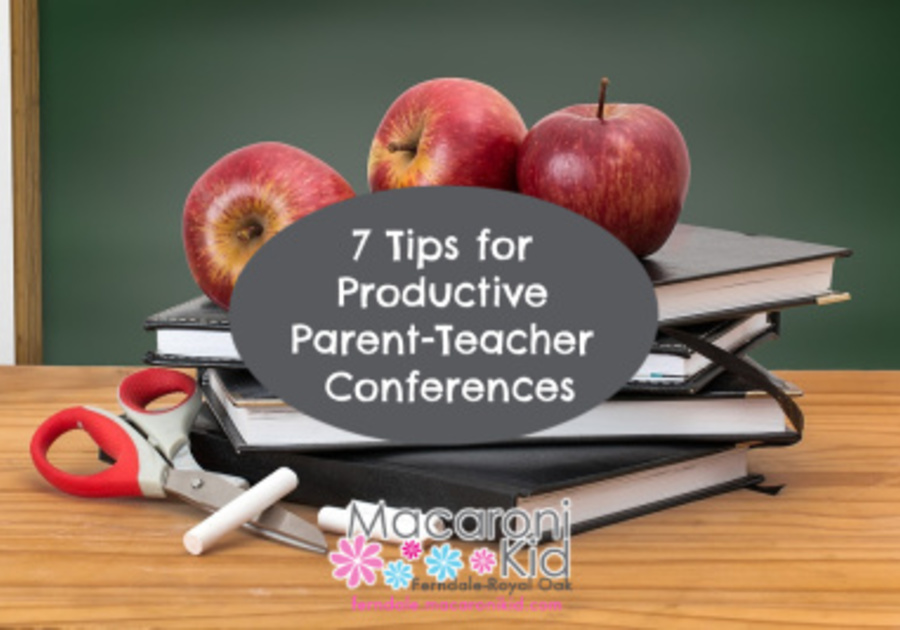 image of books and apples with text 7 tips for productive parent teacher conferences