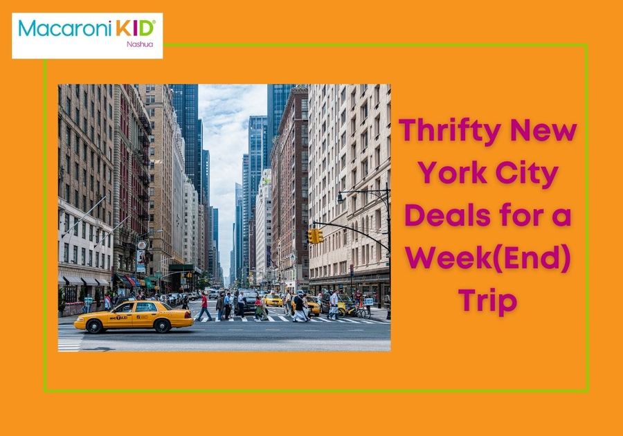 Thrifty New York City Deals for a Week(End) a Trip text, picture - busy NYC street, buildings on both sides, people crossing a crosswalk with a taxi driving by on the left