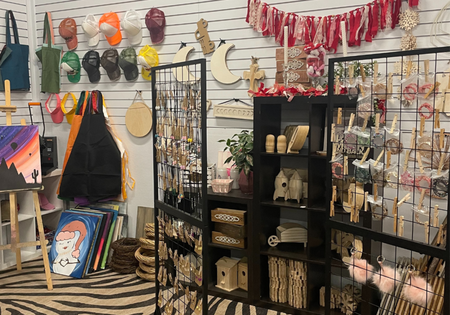 Shop displays with various crafting and decor items