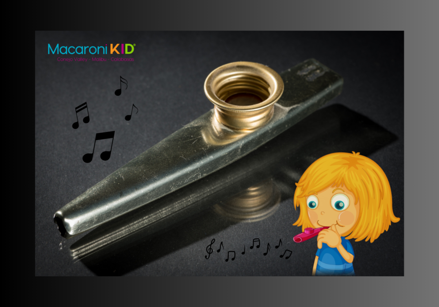 Metal kazoo, drawing of a young child blowing a kazoo with music notes