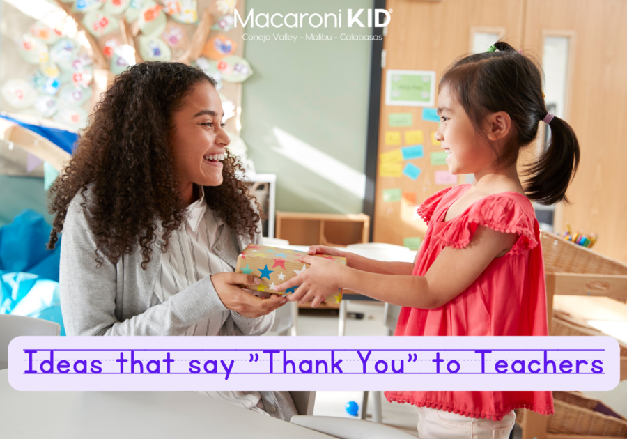 Ideas that say Thank You to Teachers, a young girl handing a wrapped gift to a teacher in the classroom