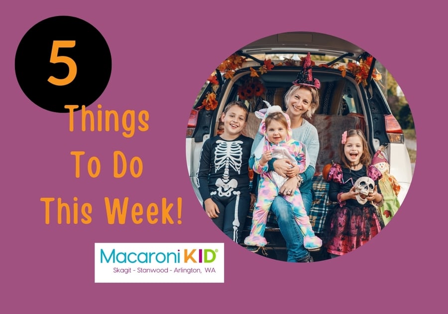 5 Things to do this Week! Woman with three children sitting the back of decorated vehicle. Children are wearing costumes.