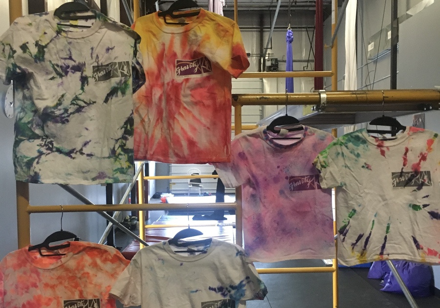 tie-dye shirts made by campers at Gravity Aerial Arts summer camp
