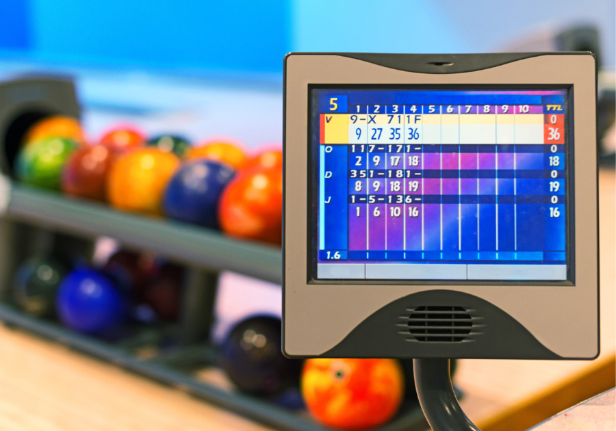 Close-up view score monitor in bowling club.