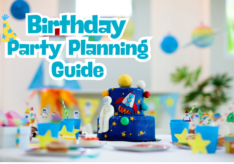 Birthday Party Planning Guide with birthday cake on a festive table