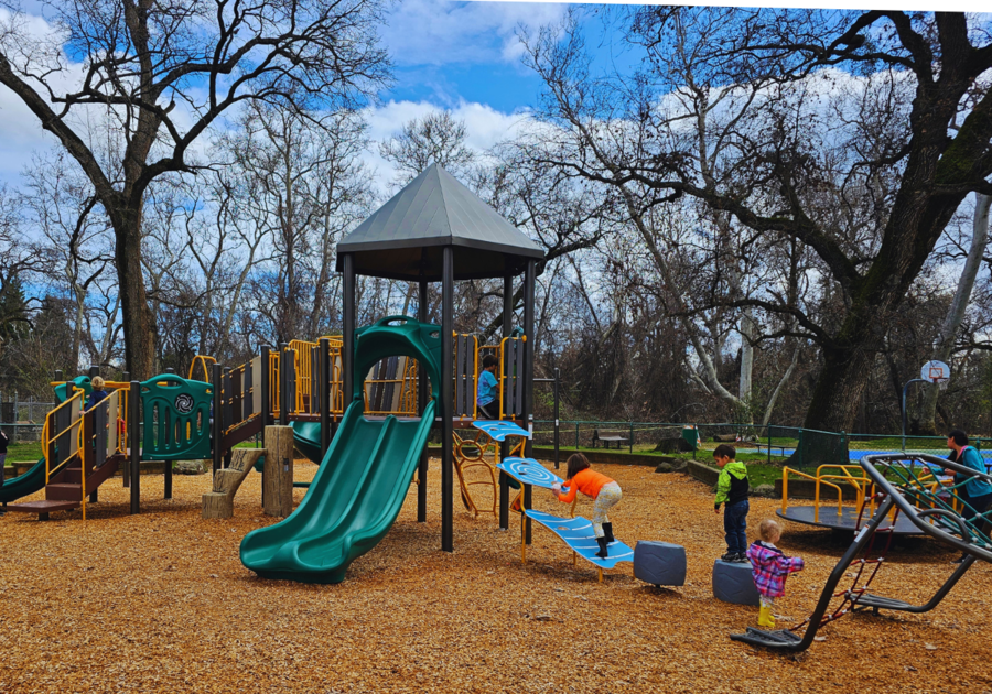 Colorful playground structure found in the back lot of Hooker Oak Park