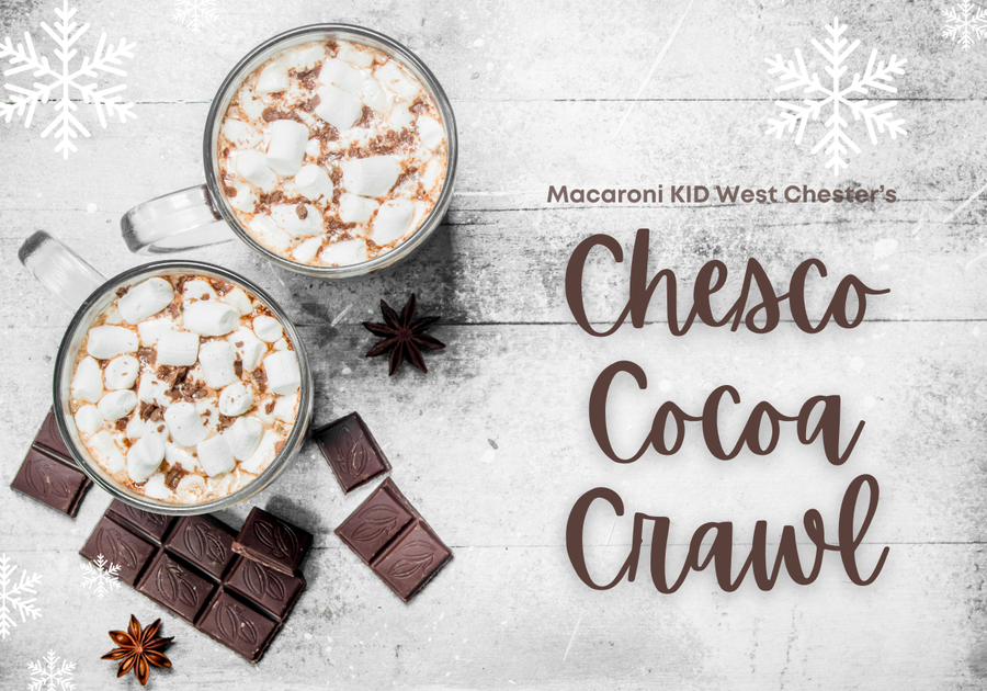 Two mugs of hot chocolate and Macaroni KID West Chesters Chesco Cocoa Crawl