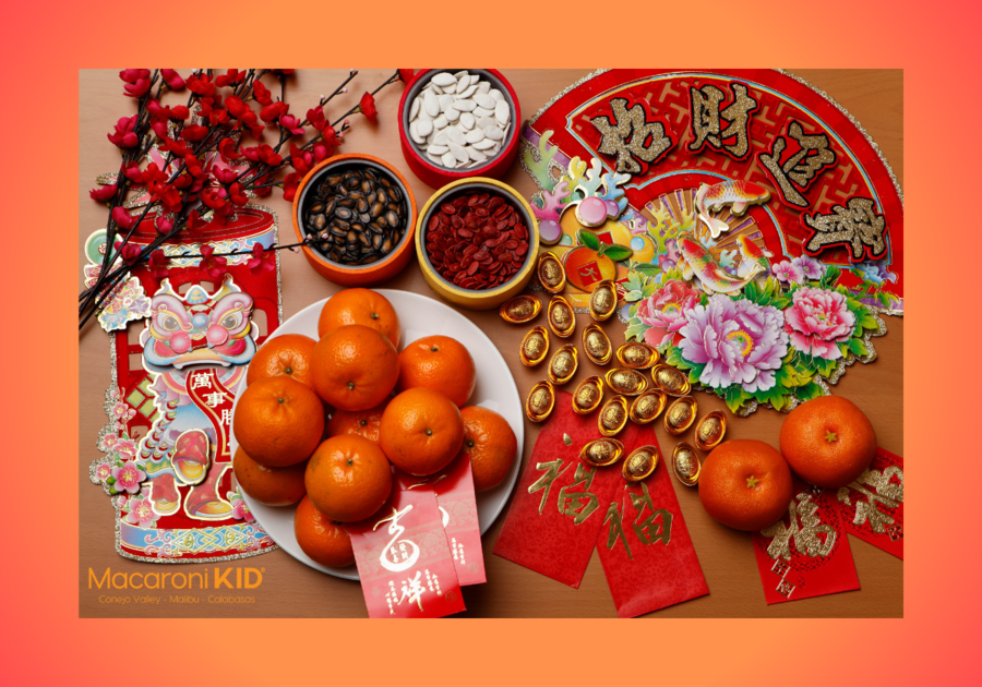 Chinese New Year decorations and symbolic foods
