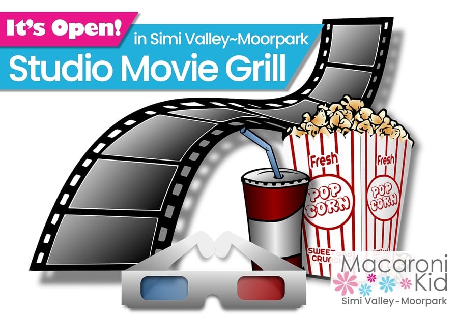It's Open in Simi Valley or Moorpark: Studio Movie Grill. Image of 3-D movie glasses, movie film, popcorn and soda with straw