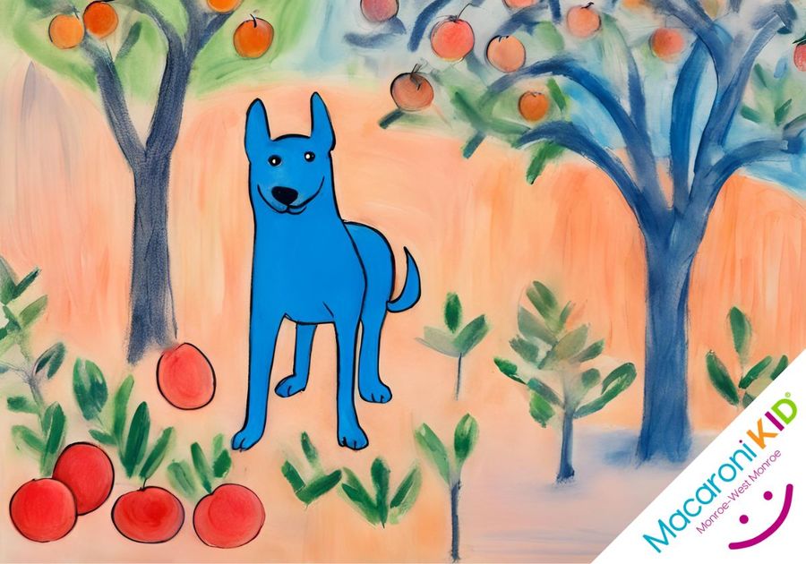 Children's drawing of a blue dog in a Louisiana Peach orchard.