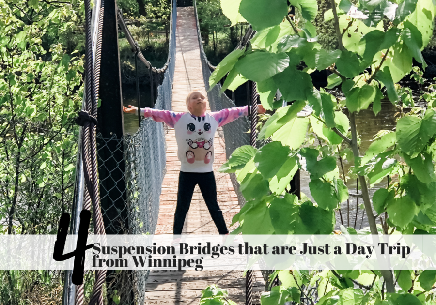 girl standing with arms and legs spread on a suspension bridge