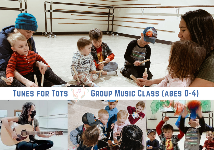 children and parents in a music class with text that reads tunes for tots group music class for ages 0-4
