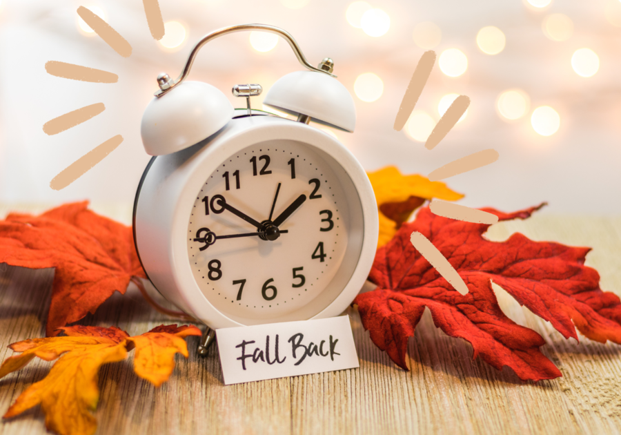 Clock with a sign that says Fall Back