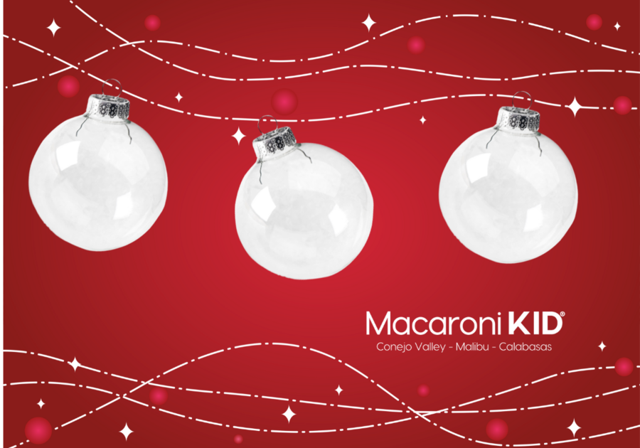 A red background with white thin curvy lines and white / clear round traditional Christmas ornaments