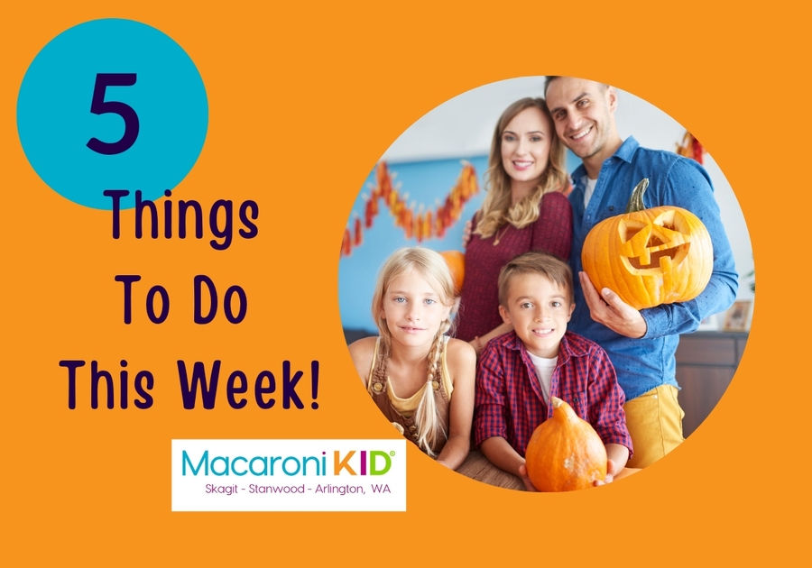 5 Things to do This Week! Colorful smiling family photo of four with carved pumpkin.
