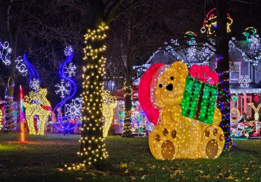 Layers of large Christmas light decorations on Van Ness Way in Durham. CA