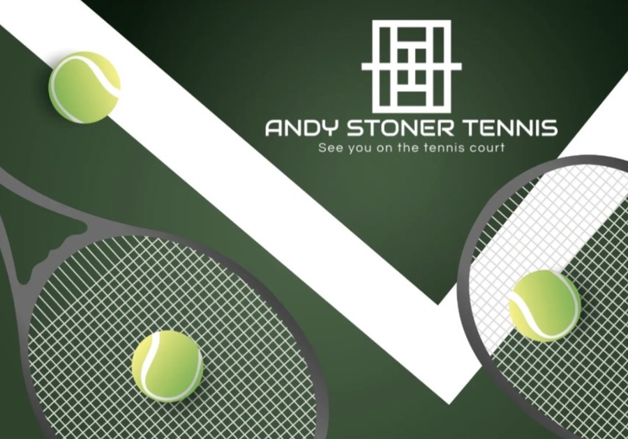 Graphic of tennis rackets and tennis balls on a green court background with 'Andy Stoner Tennis' logo and tagline 'See you on the tennis court.'